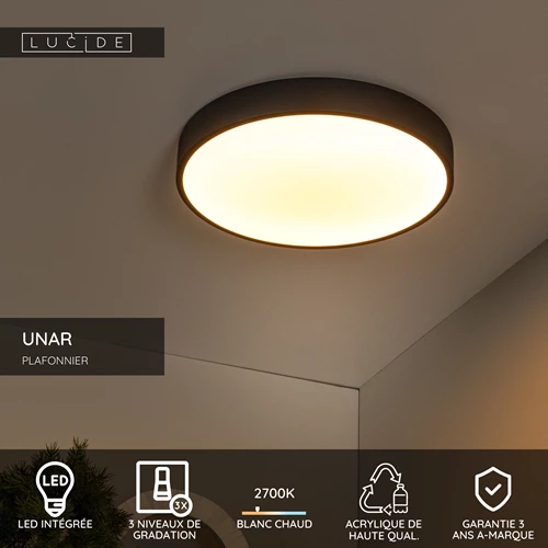 Lucide UNAR - Plafonnier - Ø 39,5 cm - LED 3 StepDim - 1x24W 2700K - Noir - USP